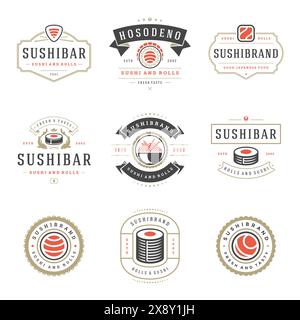 Sushi restaurant logos set vector illustration. Japanese food, sushi and rolls silhouettes. Vintage typography badges design. Stock Vector