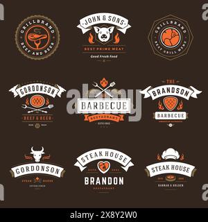 Barbecue restaurant logos and badges set vector illustration. Grill steak house menu emblems and food silhouettes. Vintage typography design. Stock Vector