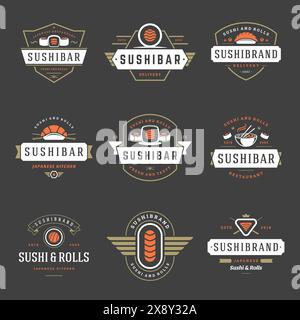 Sushi restaurant logos set vector illustration. Japanese food, sushi and rolls silhouettes. Vintage typography badges design. Stock Vector