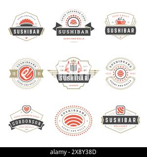 Sushi restaurant logos set vector illustration. Japanese food, sushi and rolls silhouettes. Vintage typography badges design. Stock Vector