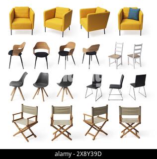 Collection of modern chairs and armchairs, same seat from different angles, isolated on white background Stock Photo