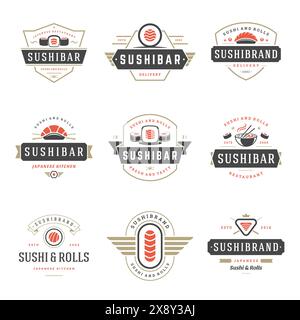 Sushi restaurant logos set vector illustration. Japanese food, sushi and rolls silhouettes. Vintage typography badges design. Stock Vector