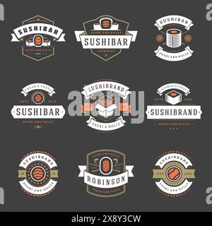 Sushi restaurant logos set vector illustration. Japanese food, sushi and rolls silhouettes. Vintage typography badges design. Stock Vector