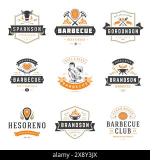 Grill restaurant logos and badges set vector illustration. Barbecue steak house menu emblems and food silhouettes. Vintage typography design. Stock Vector