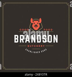 Butcher shop logo vector illustration. Pig head silhouette, good for farm or restaurant badge. Vintage typography emblem design. Stock Vector