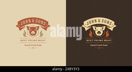 Barbecue logo vector illustration grill steak house or bbq restaurant menu emblem pig head silhouette. Modern vintage typographic badge or label desig Stock Vector