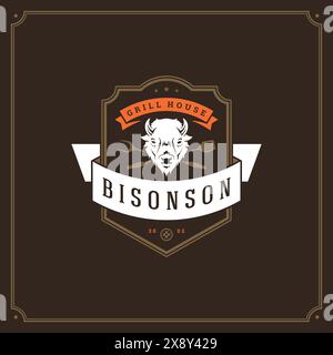 Grill restaurant logo vector illustration. Barbecue steak house menu emblem, buffalo head silhouette. Vintage typography badge design. Stock Vector