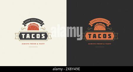 Tacos logo vector illustration taco silhouette, good for restaurant menu and cafe badge. Vintage typography emblem design. Stock Vector