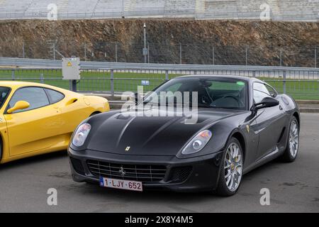 Spa-Francorchamps, Belgium - View on a black Ferrari 599 GTB Fiorano parked on a parking lot. Stock Photo
