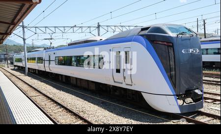 The Fuji Excursion is a regular limited express service operated by JR East and Fuji Kyuko, between Shinjuku on the Chuo Line and Kawaguchiko on Fujik Stock Photo