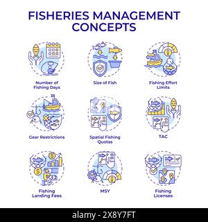 Fisheries management multi color concept icons Stock Vector