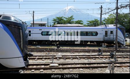 The Fuji Excursion is a regular limited express service operated by JR East and Fuji Kyuko, between Shinjuku on the Chuo Line and Kawaguchiko on Fujik Stock Photo