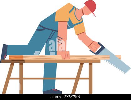 Carpenter working. Man in helmet works with saw in workshop, tools and professional industrial instrument. Male character sawing wood board. Vector ca Stock Vector
