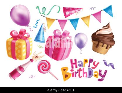 Birthday elements vector set design. Birthday gifts, party hat, balloons, wine bottle, ice cream and pennants decoration elements collection in white Stock Vector