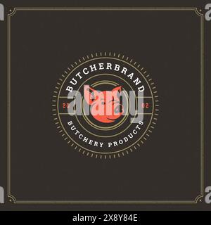 Butcher shop logo vector illustration. Pig head silhouette, good for farm or restaurant badge. Vintage typography emblem design. Stock Vector