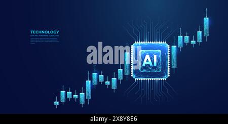 AI chip and stock market candlesticks in low poly wireframe tech blue. Stock Vector