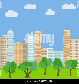 City park in the background of skyscrapers. Vector illustration Stock Vector