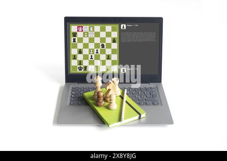 Laptop with chess app on screen, Concept of strategy planning. White background Stock Photo