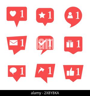 Set of nine notifications in social media. Heart, star, follower, message, check, gift, comment, like, repost. Vector illustration. Stock Vector