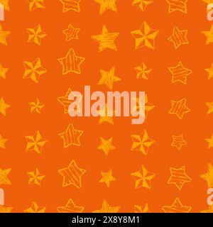 Seamless background of doodle stars. Yellow hand drawn stars on orange background. Vector illustration Stock Vector