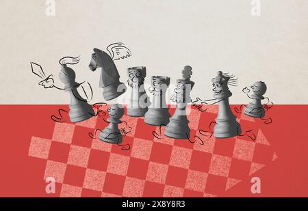 Funny cartoon chess pieces running together, games and humor concept ...