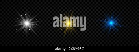 Light effect of lens flares. Set of three white, yellow and blue glowing lights starburst effects with sparkles on a transparent background. Vector il Stock Vector
