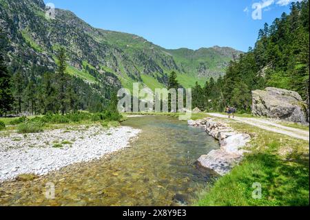 France, Hautes Pyrenees, Cauterets, a couple of hikers walking on the path to the Plateau du Clot next to the river Stock Photo