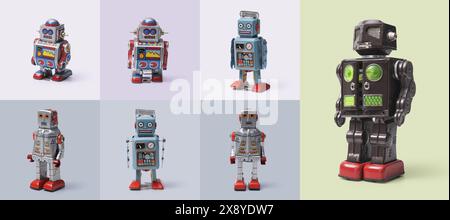Assorted vintage tin toy robots, wind-up mechanical toys and collectibles concept Stock Photo