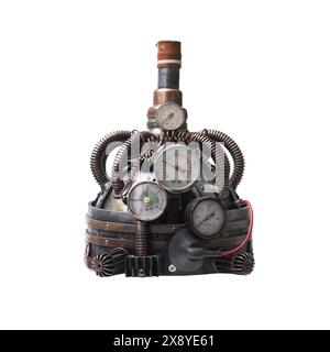 Metallic sci-fi steampunk helmet with gauges, isolated on white background Stock Photo