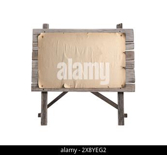 Old paper poster nailed on a weathered wooden sign, isolated on white background Stock Photo