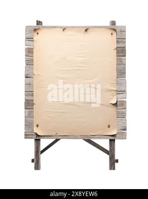 Old paper poster nailed on a weathered wooden sign, isolated on white background Stock Photo