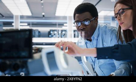 Close Up Portrait of a Young Black Multiethnic Engineer and Female Operator Discuss a Futuristic Robot Dog Project. High Tech Research Laboratory with Modern Equipment. Stock Photo