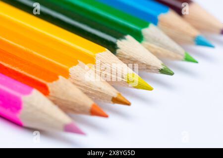 A collection of Coloured pencils on white background Stock Photo
