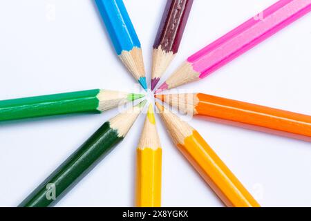 A collection of Coloured pencils on white background Stock Photo