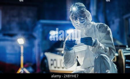 Expert Determining Potential Cause of Death While Bagging a Cartridge and Zipping it as Evidence. Forensics Specialist Finding Bullet Shell on Crime Scene at Night. Cold Toned Portrait Shot Stock Photo