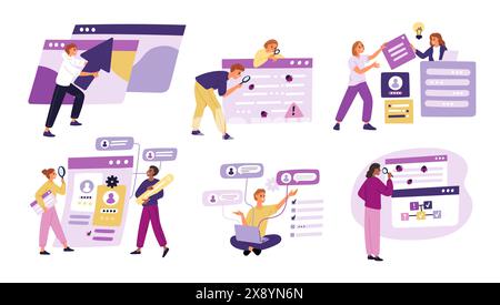 Software testing process. People looking for mistakes and digital bugs in applications and computer programs. QA engineering. Programmers finding anti Stock Vector