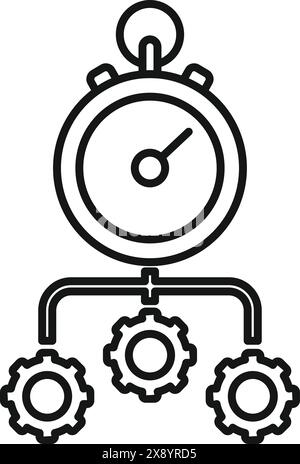 Black and white vector icon representing time management with a stopwatch connected to gears Stock Vector