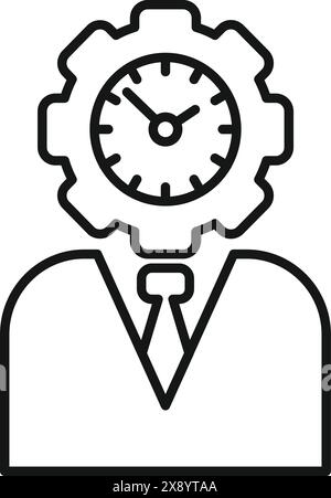 Black line art of a person with a clock in a gear for a head, symbolizing productivity Stock Vector