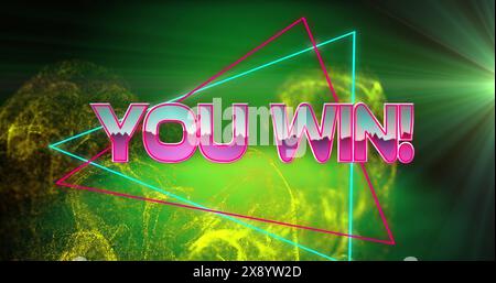 Image of you win text banner over golden digital wave and light spot against green background Stock Photo