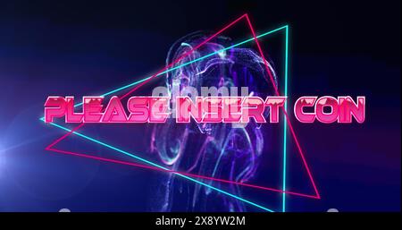 Image of please insert coin text over neon triangular banner against blue background Stock Photo