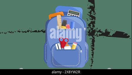 Image of school bag icon floating against cross stripes on green background with copy space Stock Photo
