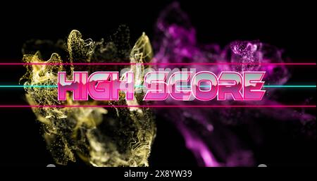 Image of high score text banner over golden and pink digital wave against black background Stock Photo