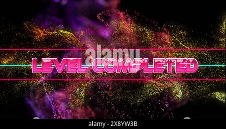 Image of level completed text banner over golden and purple digital waves on black background Stock Photo