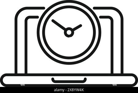 Minimalistic line icon depicting a laptop with a central clock, symbolizing time management and deadlines Stock Vector