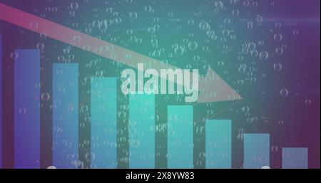 Image of bubbles over statistical data processing against green gradient background Stock Photo