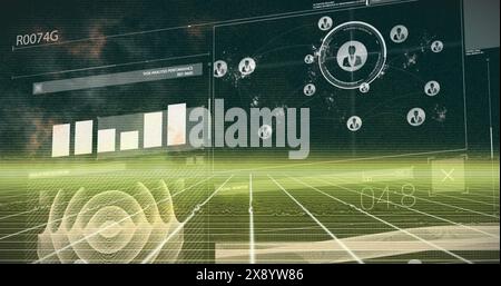 Image of interface with data processing over yellow grid network against black background Stock Photo