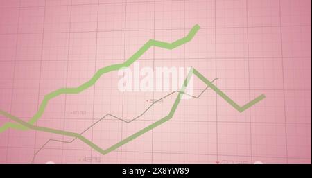 Image of statistical data processing over grid network against pink background Stock Photo