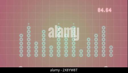 Image of statistical data processing over grid network against pink background Stock Photo