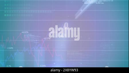 Image of statistical data processing and light spot against blue gradient background Stock Photo