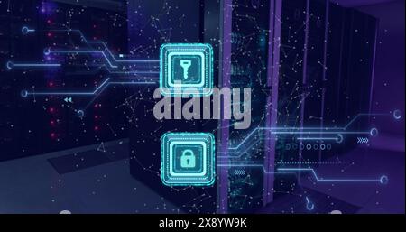 A series of green networks of connections forming and dissolving over server room Stock Photo